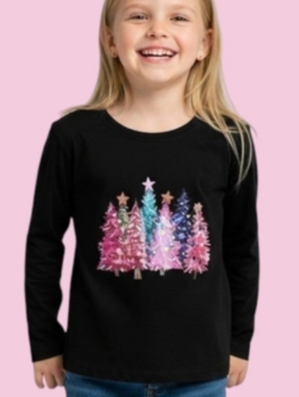 🎄Black Long Sleeve Kids Tee with Pink & Teal Tree Graphic